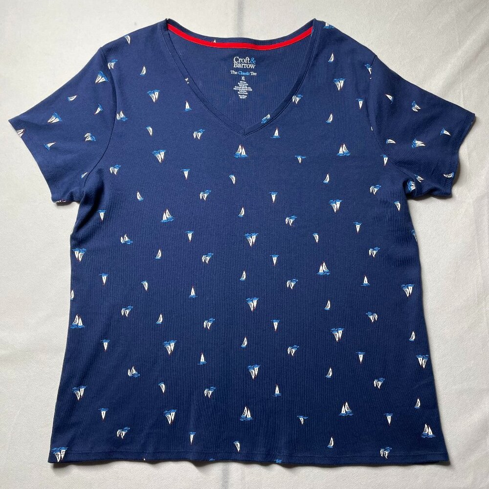 Croft & Barrow Womens Navy Blue V-Neck Sailboat Print The Classic Tee Size XL